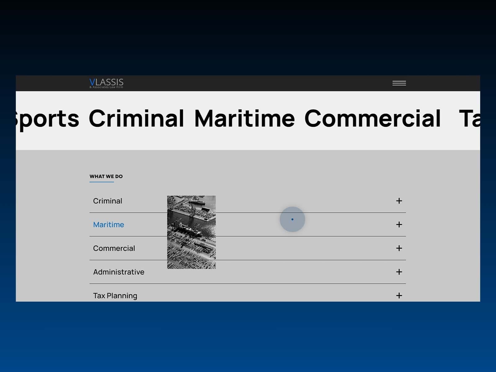 The practice areas list, with a picture that follows the cursor