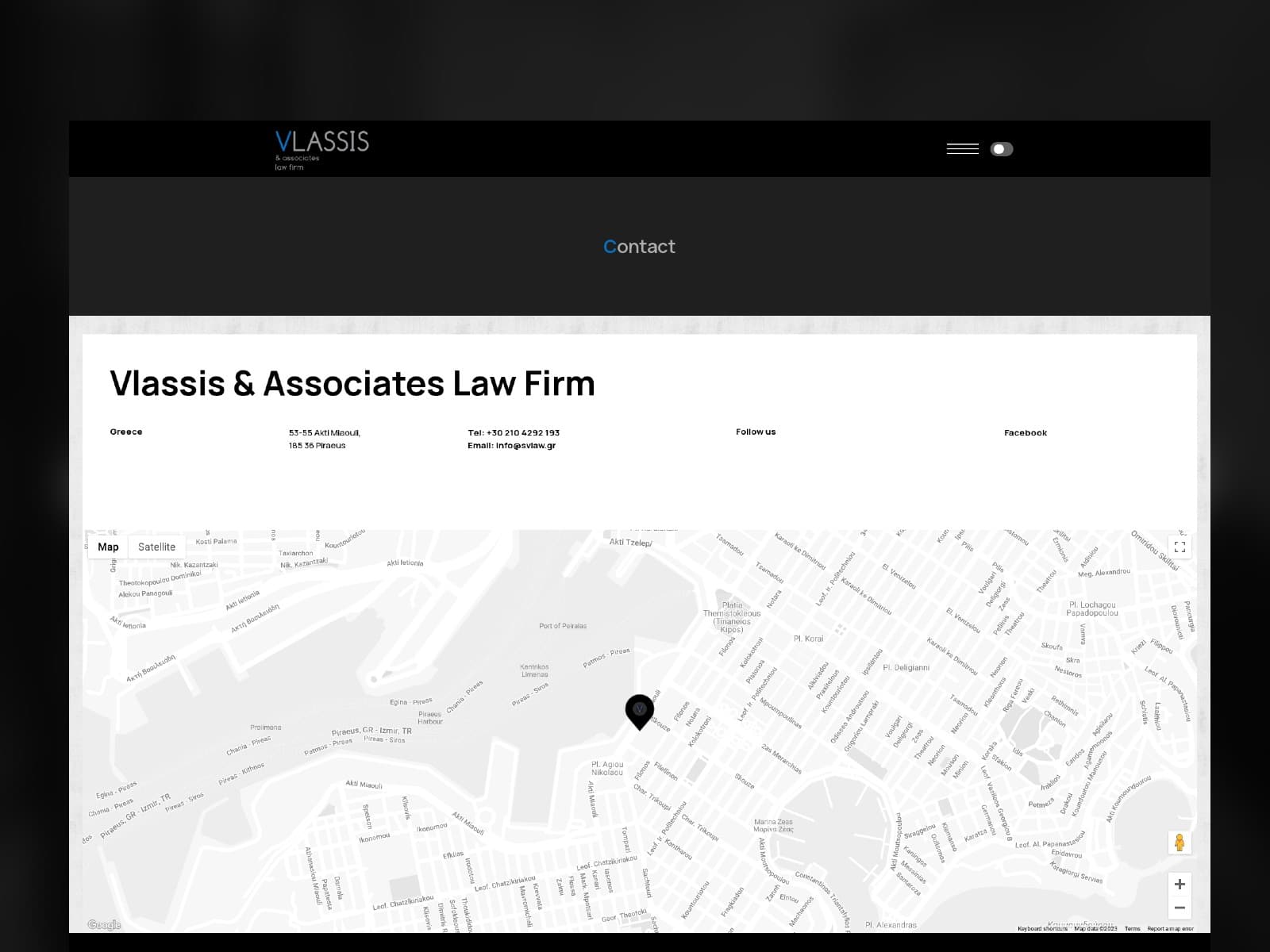 The contact page with the office map in Piraeus