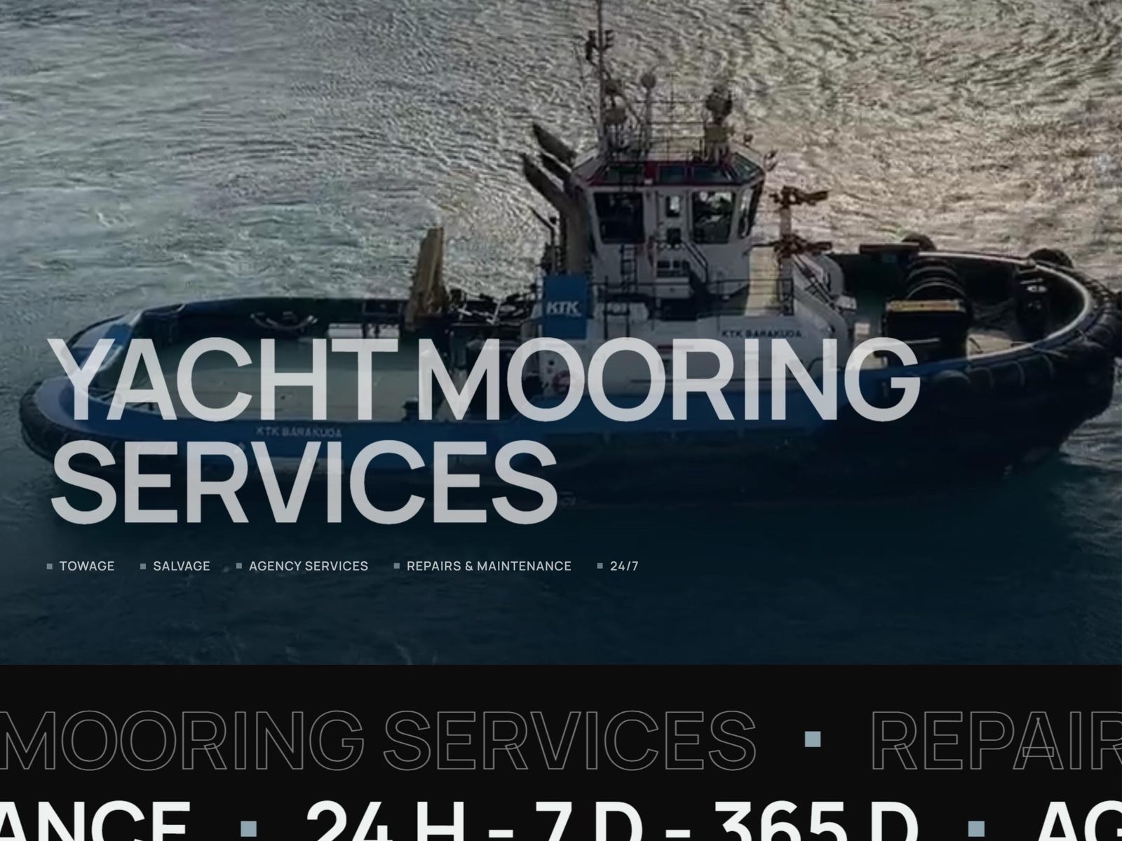 The Yacht Mooring Services home page on a desktop screen: a tug at sea under the company name, the services and a moving marquee