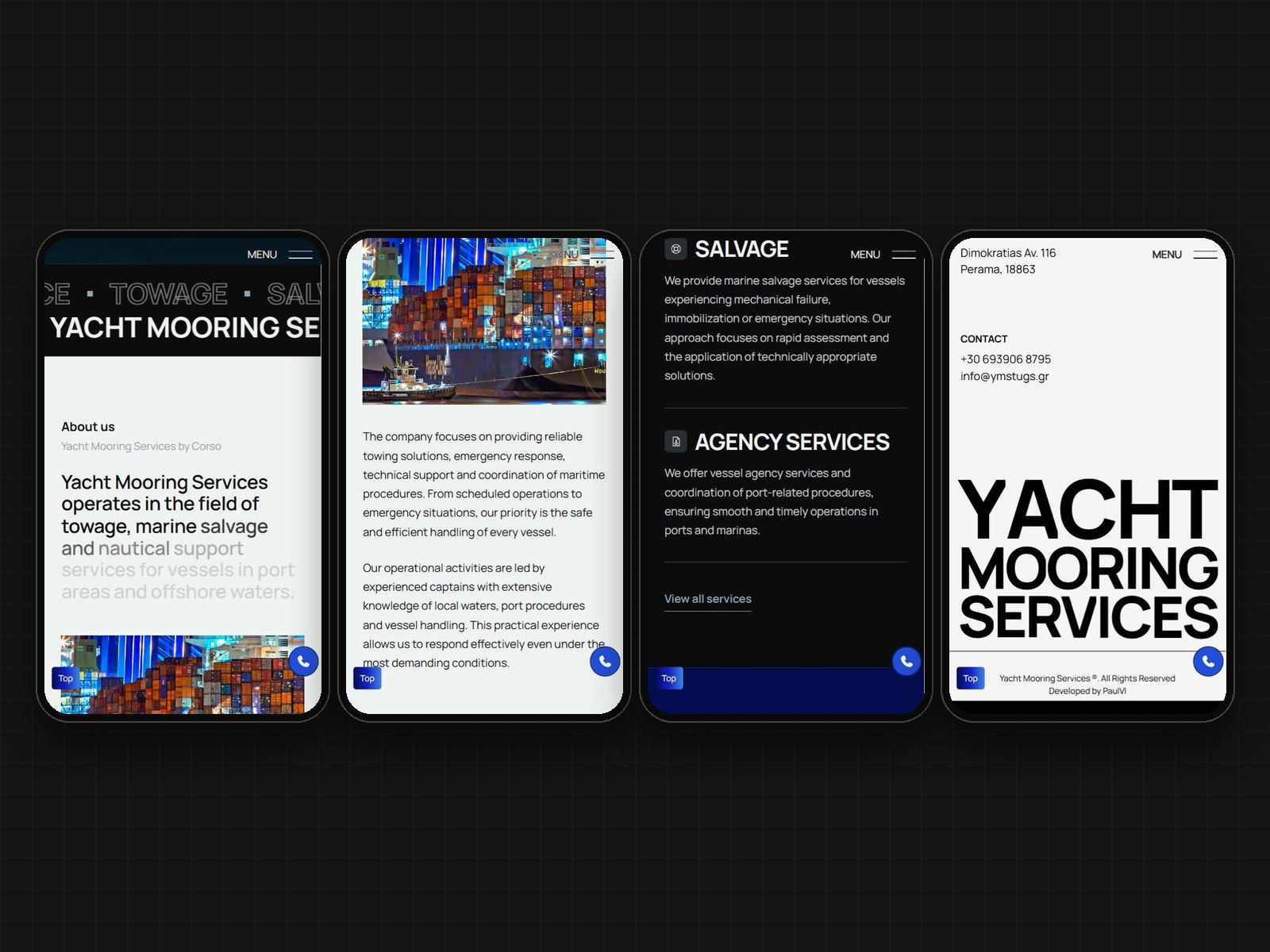 The home page on a phone, from the marquee and the about text to the services and the footer