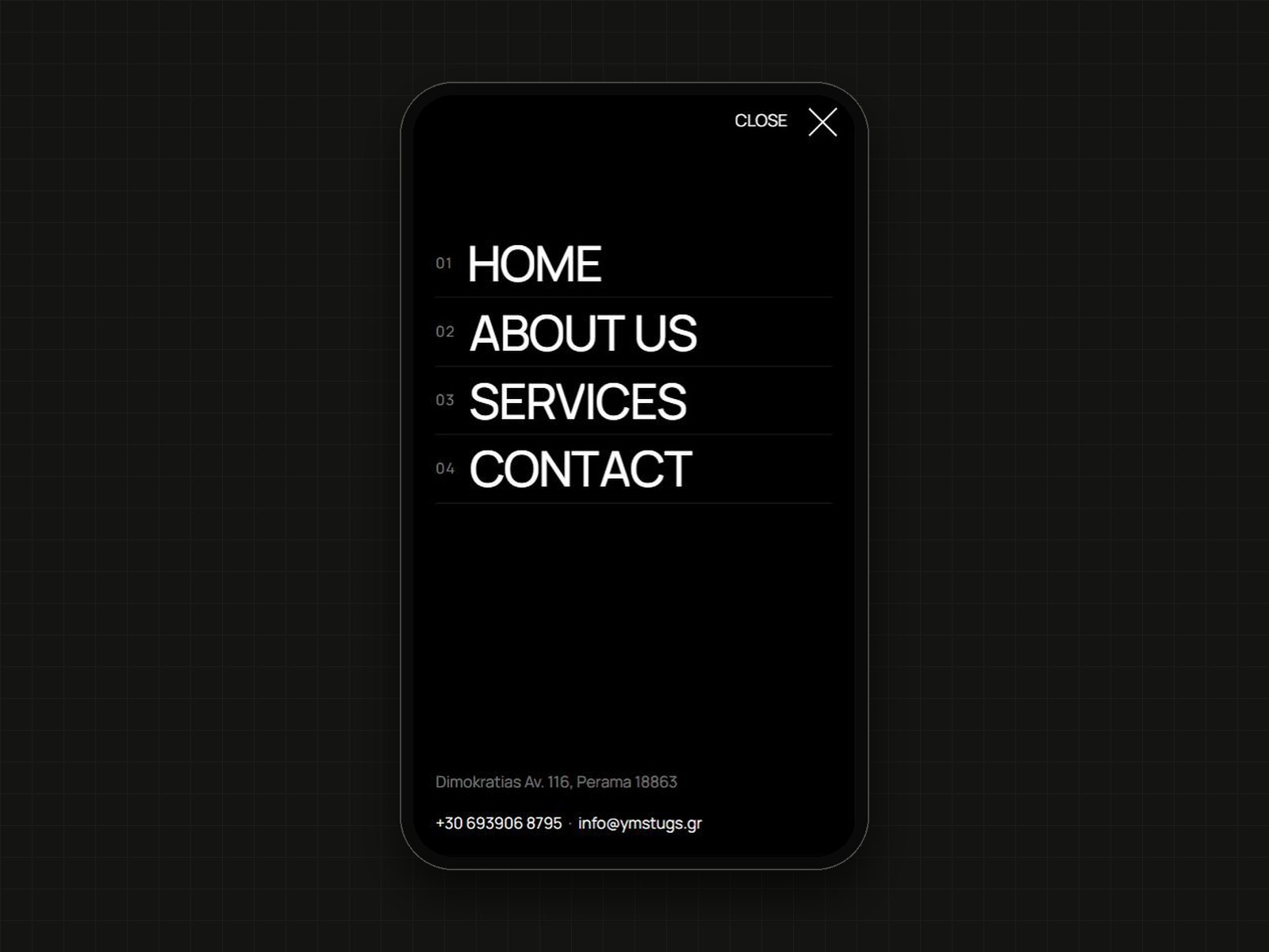 The full-screen menu on a phone, with the four pages and the contact details