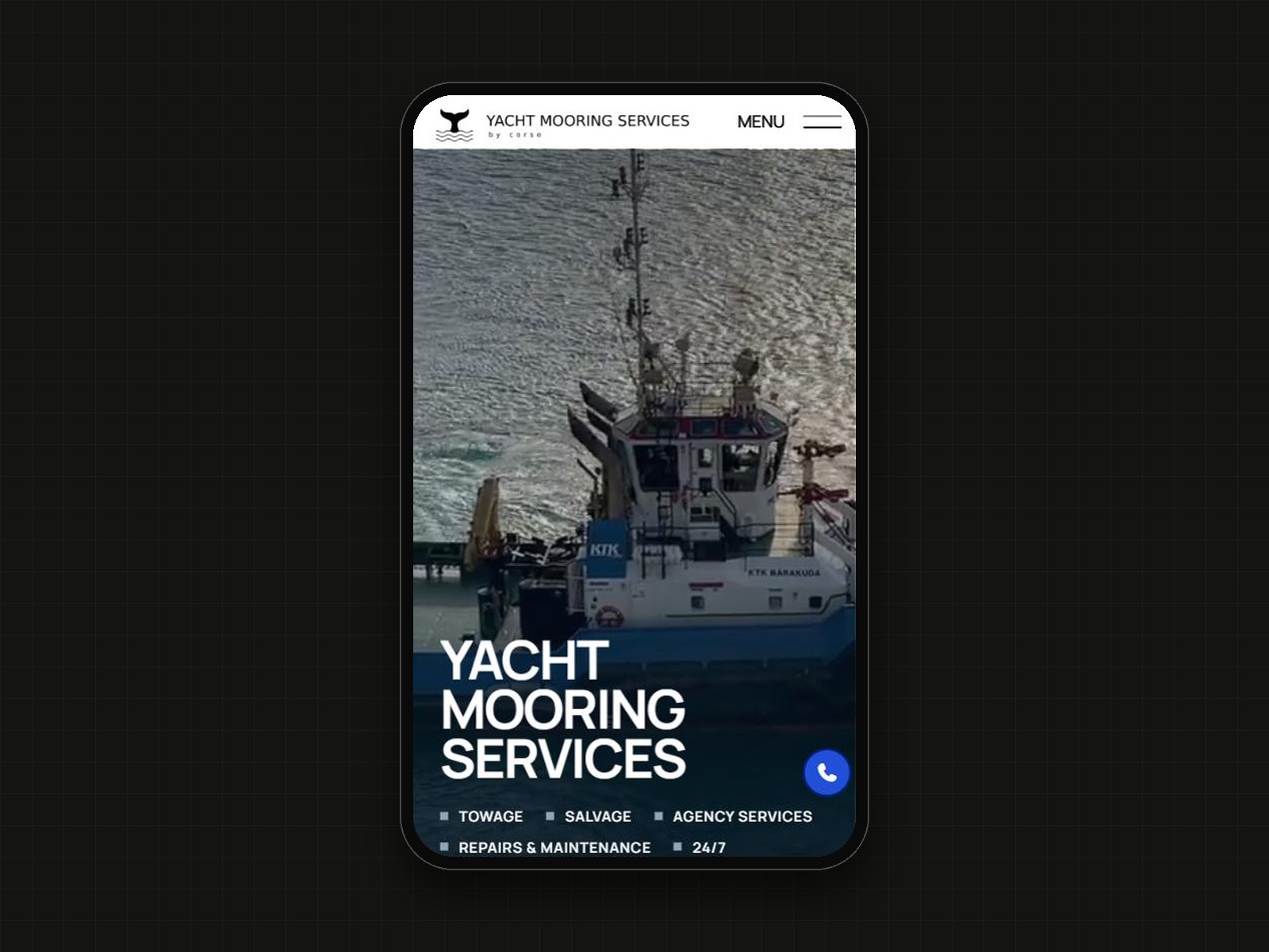 The home page on a phone: the tugboat film under the company name and its services